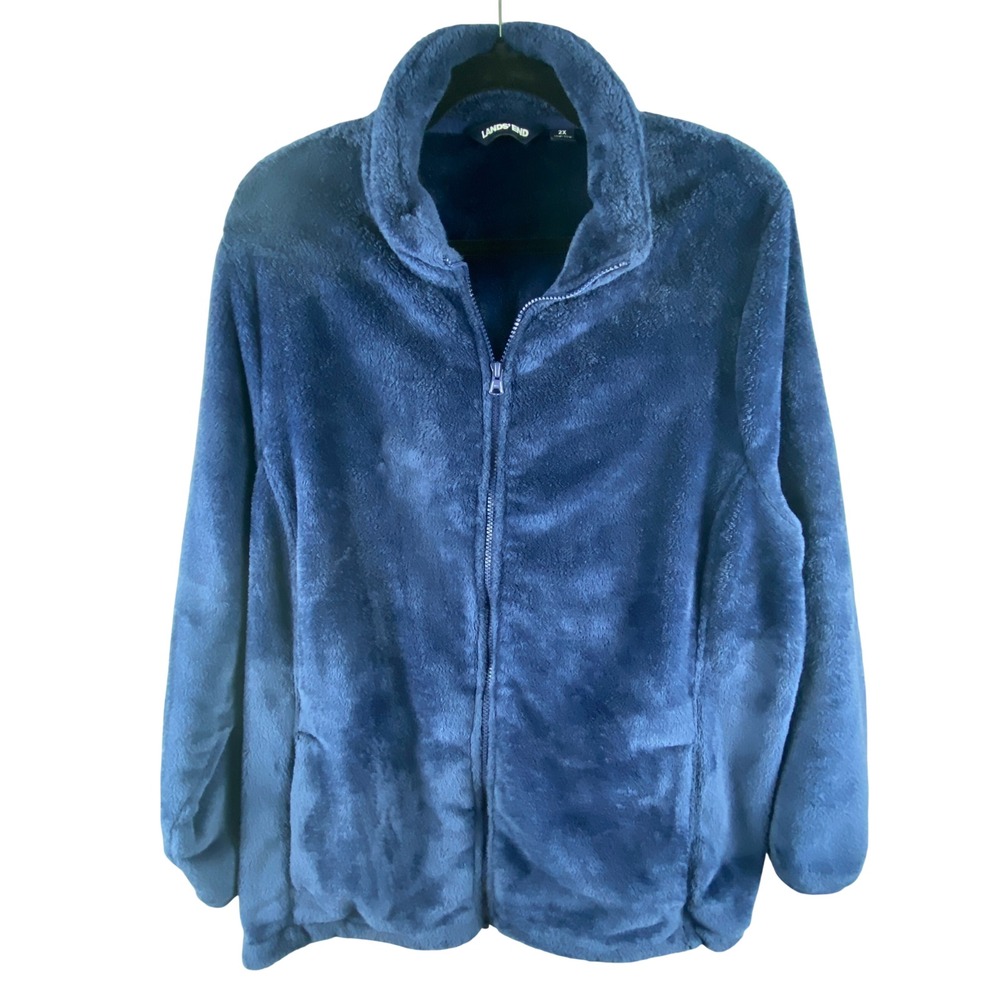 Lands' End Women Fleece Jacket 2X Navy Blue Full Zip Plush Fuzzy Warm Winter